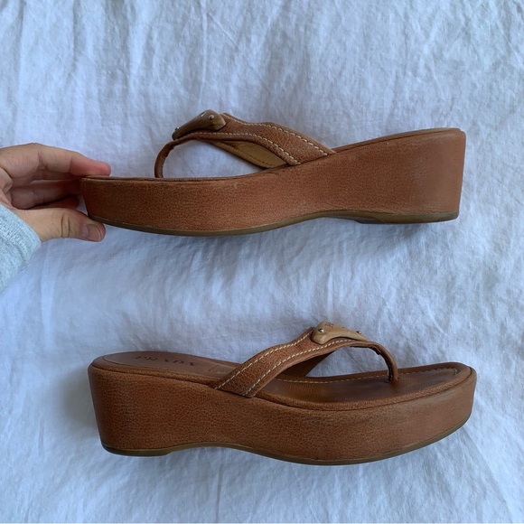 Vintage Prada Triangle Logo Wood Platform Thong Flip Flop Sandals Heels - Picture 3 of 10